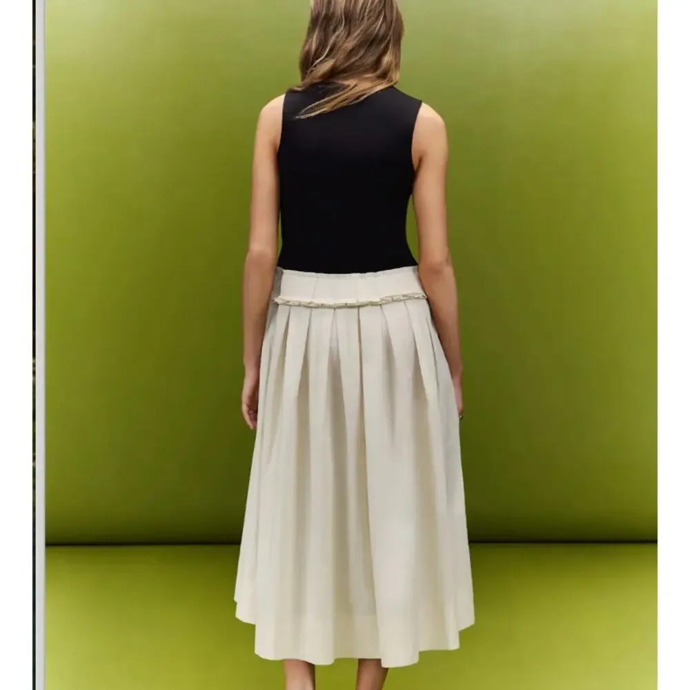 Plan C Black Cream Fit Flare Midi Dress SIZE 10 Romantic Cotton Designer $375 - Picture 4 of 10